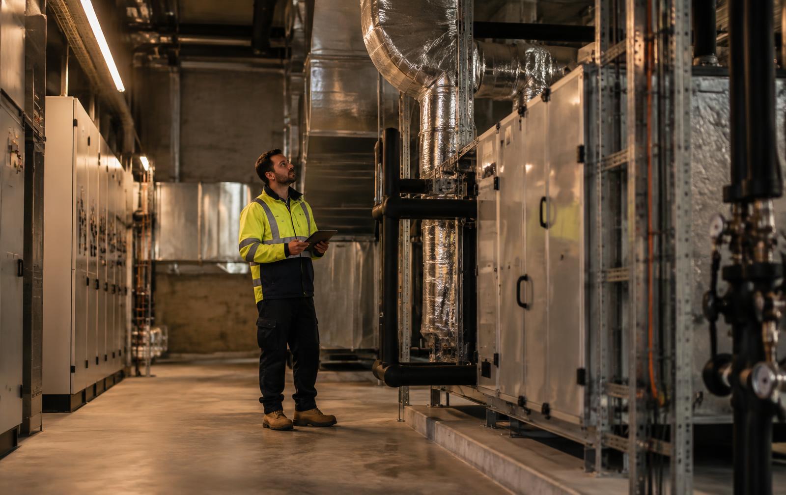 Facilities technician inspecting commercial building systems